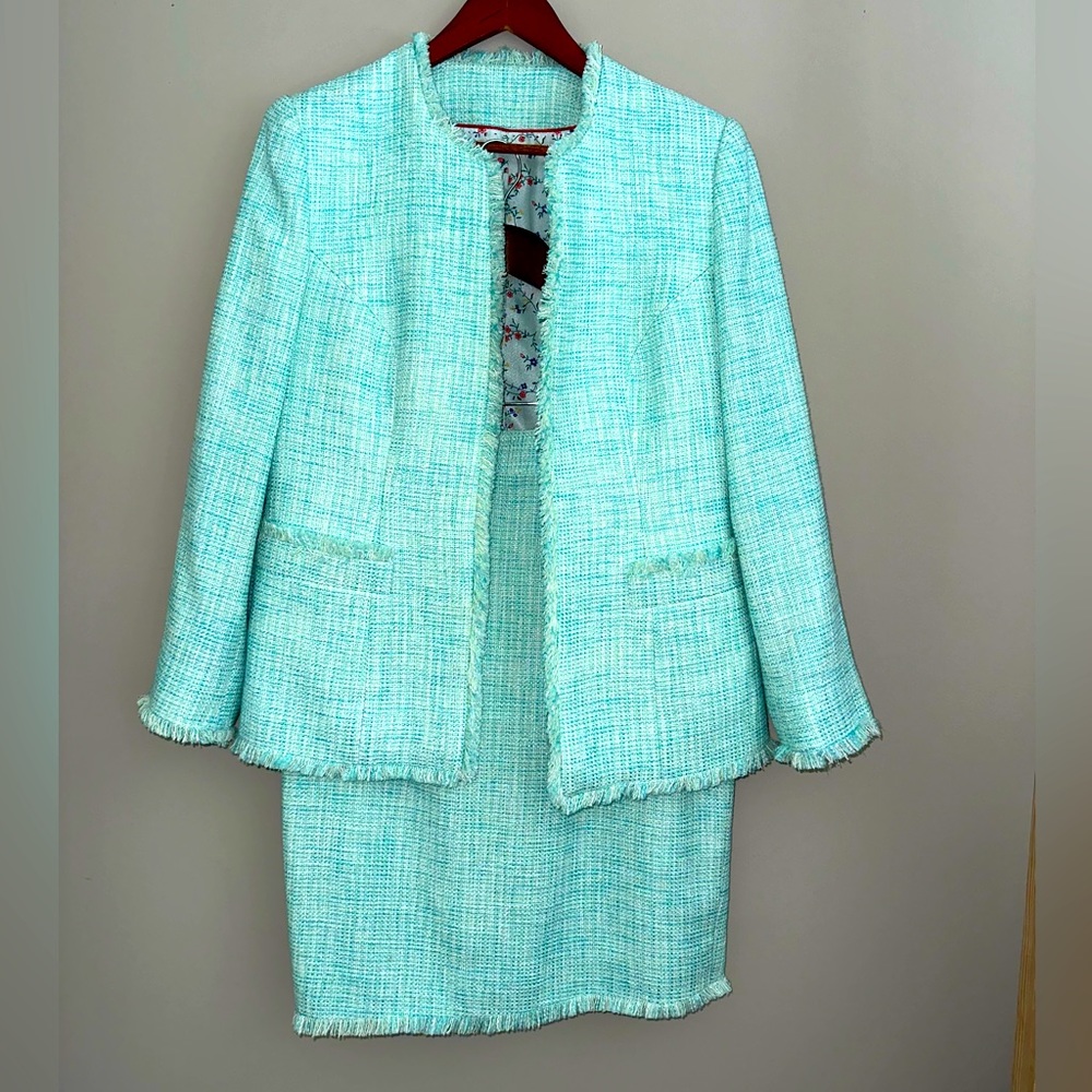 Teal Suit Set, Summer Tweed Jacket and Skirt Suit